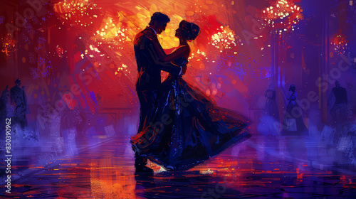 Elegant ballroom scene with sophisticated couple dancing, exuding romance and grace, captured in vibrant, detailed artwork.