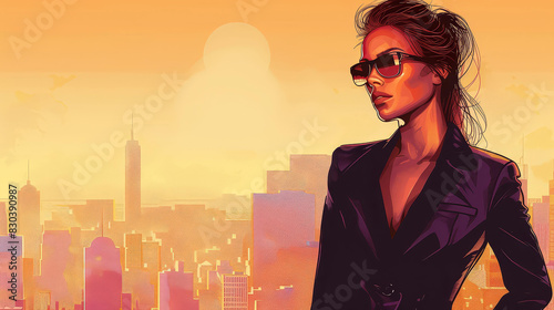 Highres illustration of a sophisticated woman in a business suit against an urban backdrop, exuding professionalism and refinement.