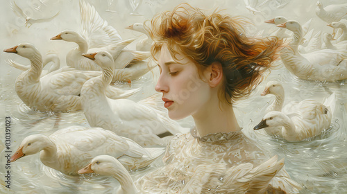 Serene artwork of a woman amidst a family of ducks, soft hues, highquality illustration.
