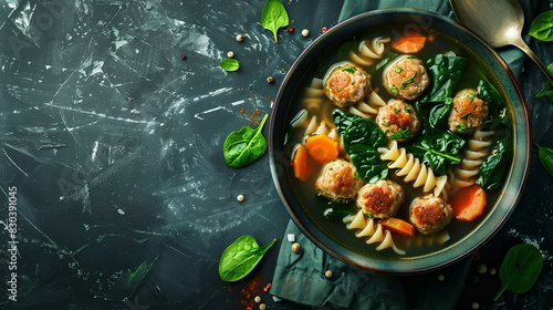 Italian wedding soup with meatballs, spinach, and pasta in a clear broth.
