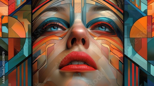 Vibrant highres art of woman in geometric space appreciating symmetry and design