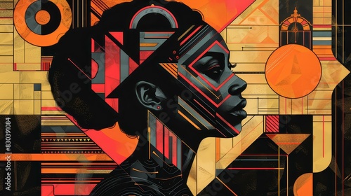 Vibrant highres art of woman in geometric space appreciating symmetry and design