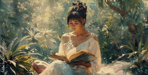 Elegant lady immersed in a book, enjoying the calmness of a beautiful garden, captured in highquality art.