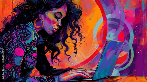 Elegant woman working on a modern laptop, stylish and detailed artwork with vibrant colors.