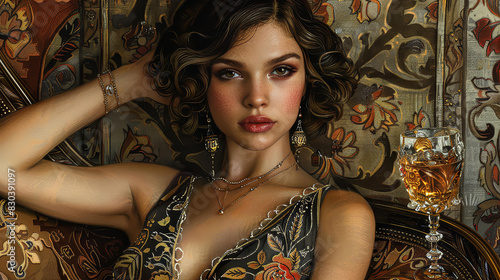 Detailed and vibrant artwork featuring a sophisticated woman in elegant vintage surroundings.