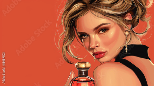 Sophisticated woman holding a perfume bottle in an elegant and luxurious style, depicted in a detailed and vibrant highquality illustration.