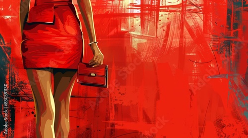 Chic illustration of a sophisticated woman in elegant evening wear with stylish clutch high heels.