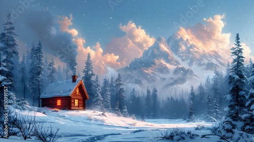 Tranquil Winter Solitude A Cozy Log Cabin Nestled in a Snowy Forest