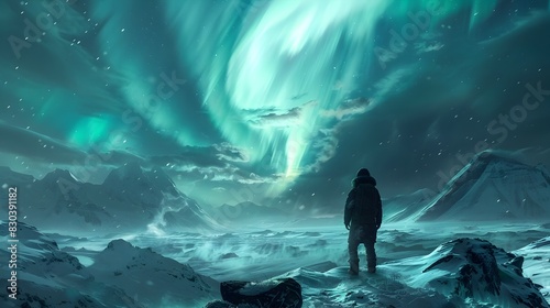 Solitary Explorer Enthralled by the Majestic Aurora Borealis in Arctic Wilderness