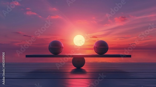 An artistic representation of rationality and emotion depicted as balanced spheres on a scale, illustrating the importance of equilibrium between logical thinking and feelings in achieving well-being.