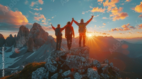 Three Friends Overcoming Obstacles: Mountain Peak Celebration
