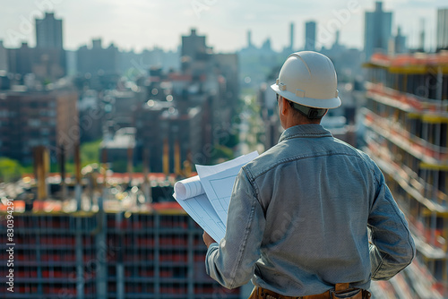 Engineer with blueprints overlooking construction