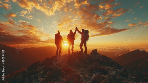 Three Friends Overcoming Obstacles: Mountain Peak Celebration