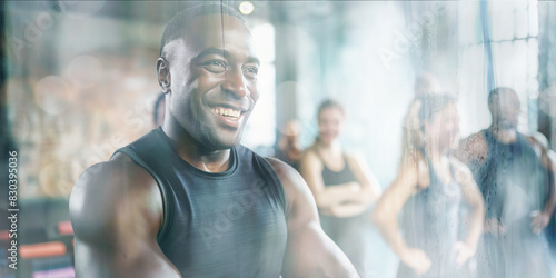 An energetic African American fitness trainer motivating a group of clients during an intense workout session in a modern gym.