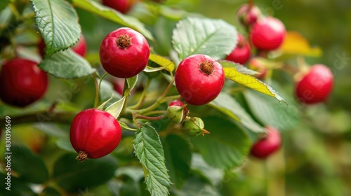 Red rose hip berries growing on a shrub