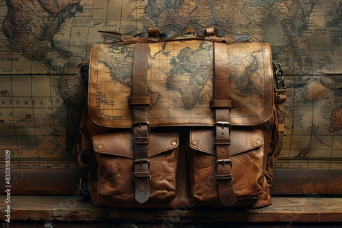 A richly detailed vintage leather backpack with an old world map design sits prominently against a backdrop of a historical world map, combining elements of travel and nostalgia