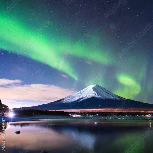 美しいオーロラと雄大な富士山