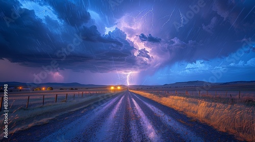 Spectacular rural road scene at night with a dramatic thunderstorm and vivid lightning strike illuminating dark storm clouds in the sky