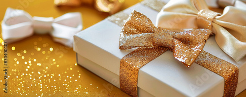 White gift box with glitter ribbon and bow ties on golden yellow. Father's Day.