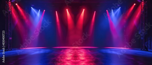Spotlight concert stage or theater with red and blue neon light effect