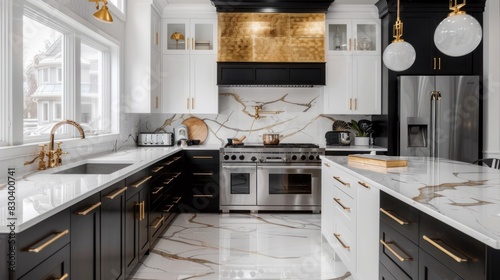 Kitchen with white marble tile table and walls, gold fixtures, futuristic