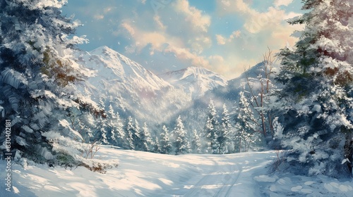 Winter Landscape Holiday Card, Snowy Trees, Snow Covered Terrain 3D render of a enchanting snowy winter landscape with a grey sky