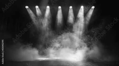 Spotlight concert stage or theater with smoke volume black and white color scene