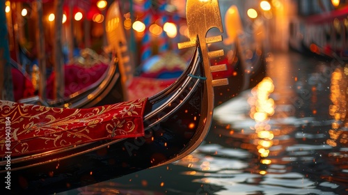 The enchanting view of ornately decorated gondolas glowing under the evening lights in Venice, reflecting on the gently rippling waters