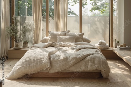minimalist bedroom, a tranquil bedroom with a minimalistic design, featuring a low bed and neutral tones, capturing the essence of new age aesthetics with simplicity and calmness