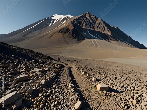 Mountain with expansive scree slopes, loose rocks and gravel, unstable and treacherous, challenging terrain, generative AI