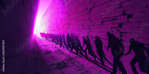 The Purple Tide of Transformation: A group of determined individuals, their backs pressed against a wall, symbolizing their relentless pursuit of progress and change.