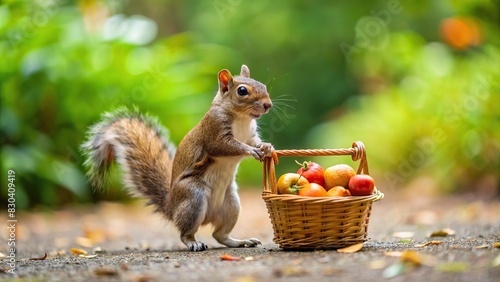Miniature squirrel replica pretends to go grocery shopping with tiny basket