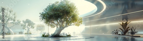 Digital artwork of an artificial tree designed to produce oxygen Urban setting with futuristic design Daylight, clean and modern environment