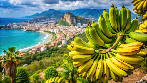 A bunch of ripe green bananas with one banana peeling off, set against a backdrop of a beautiful Turkish Alanya landscape