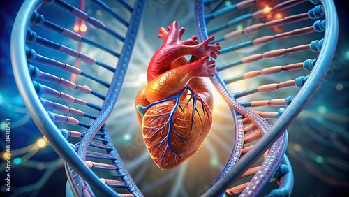 model of human heart anatomy with intertwined DNA gene helix
