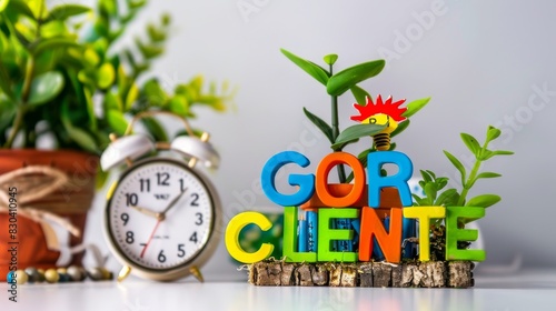 Clock highlighting development with the word Growth in the background, isolated, clean white background