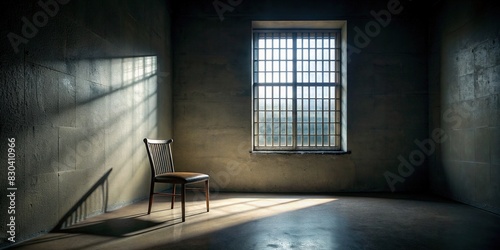 Lonely chair in a dimly lit room with a barred window