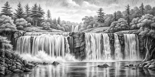 Detailed black and white drawing of a waterfall for design projects