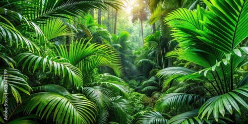 Lush tropical green leaves in a dense jungle environment