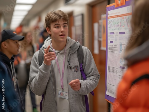 A young man stands in front of a bulletin board with a purple tag on his neck. He is pointing to the board and talking to others