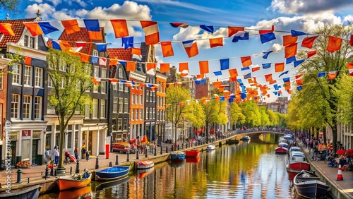 King's Day celebrations in Amsterdam with Netherlands flag decorations