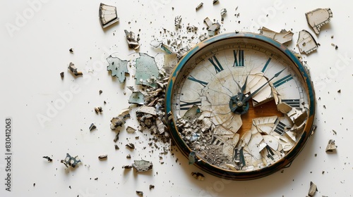 Broken clock showcasing decline with debris scattered around, isolated, white background, plenty of space