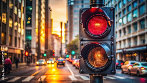 A close-up shot of a red traffic light in an urban street