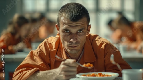 Imprisoned man contemplating meal at table in orange uniform with food in front of him