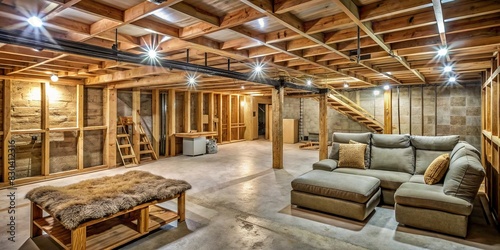 Rustic unfinished basement with wooden frames and insulation for a cozy vibe