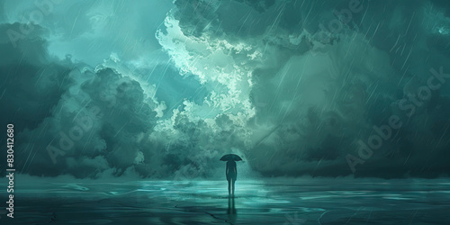 Embracing Solitude: A solitary figure standing beneath a foreboding gray sky, seemingly lost in thought, surrounded by muted teal hues that evoke a sense of melancholy.