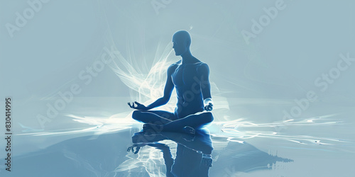 The Oasis of Calm: A serene individual, sitting cross-legged with eyes closed in a calming blue hue, surrounded by soft light, exuding an aura of tranquility and inner peace