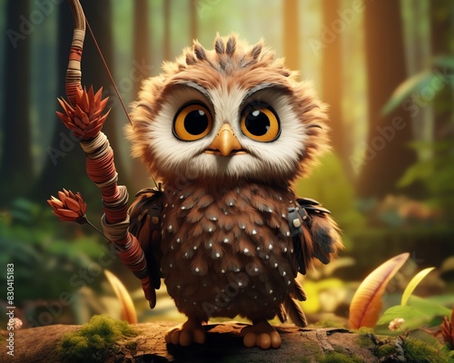 A tiny owl chick is practicing archery in the forest