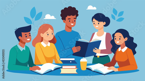 Before a big exam a group of mentees gather to do a group study session led by their peer mentor who provides helpful study guides and offers tips for effectively reviewing. Vector illustration