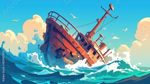 Illustration of a shipwreck icon in a cartoon 2d style showcasing an old broken boat